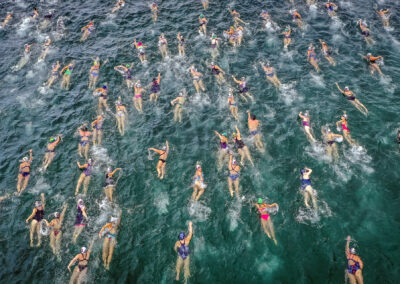 aerial view of swimmers in a lake