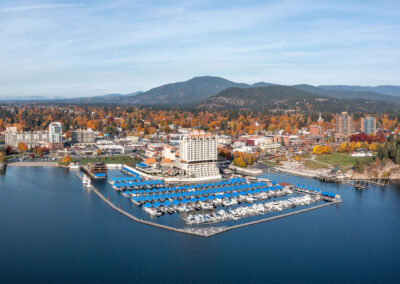 aerial view of the Coeur d'Alene Resort and downtown Coeur d'Alene from over the lake