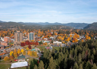 aerial view of McEuen park and mountains in the background