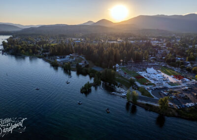 aerial of Festival at Sandpoint and sunset over mountains