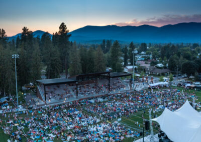 aerial of Festival at Sandpoint and sunset over mountains